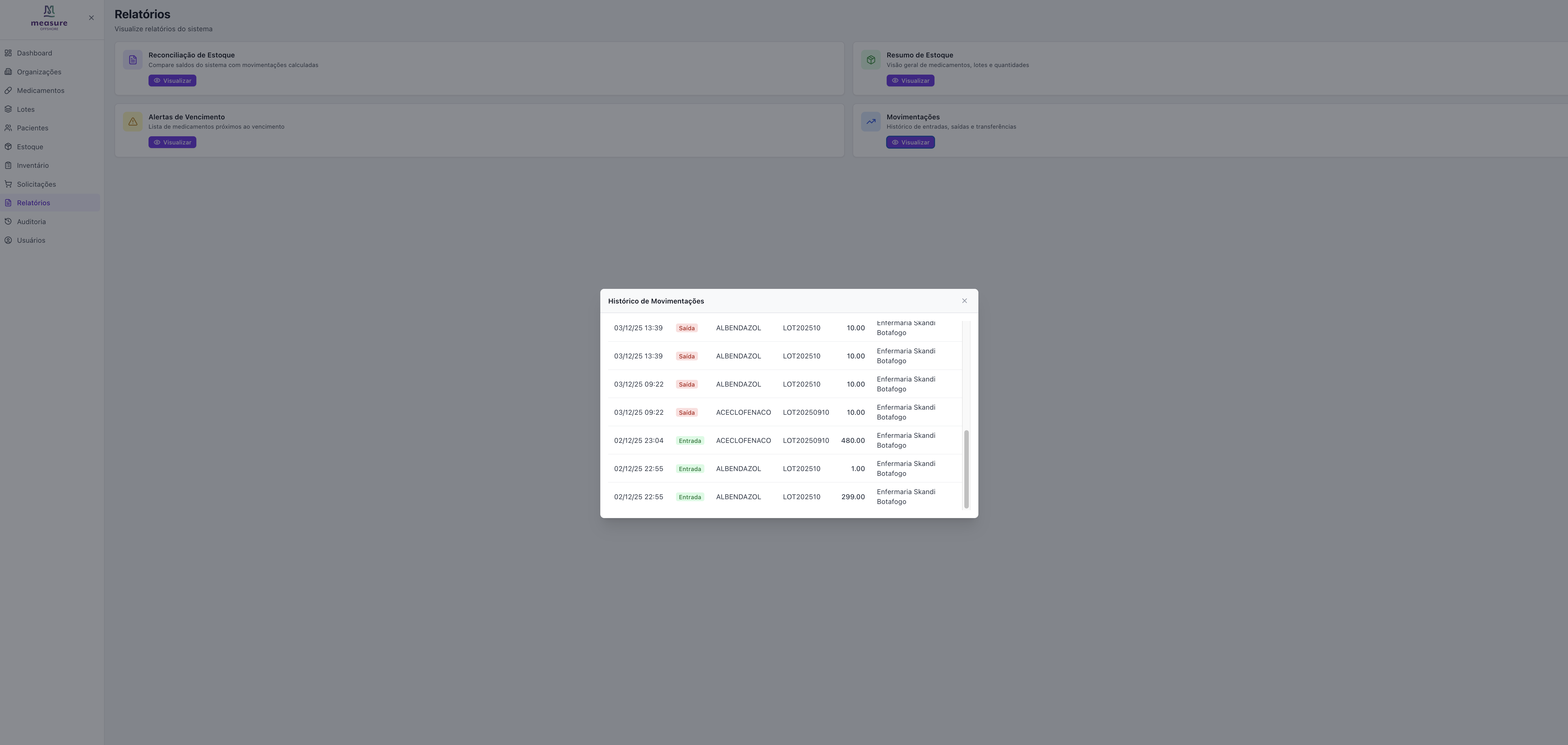 Modal Relatório Movimentações
